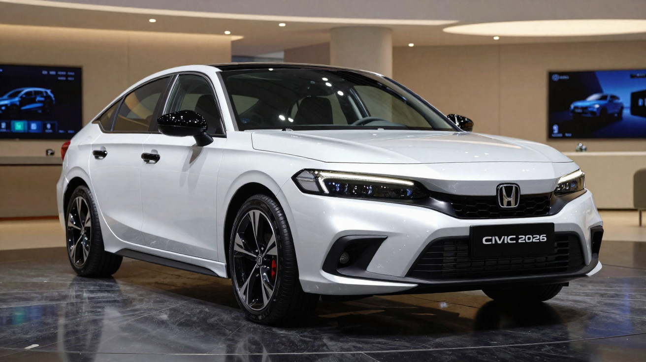 Carro Honda Civic 2026 branco exibido em salão com teto preto e rodas esportivas.