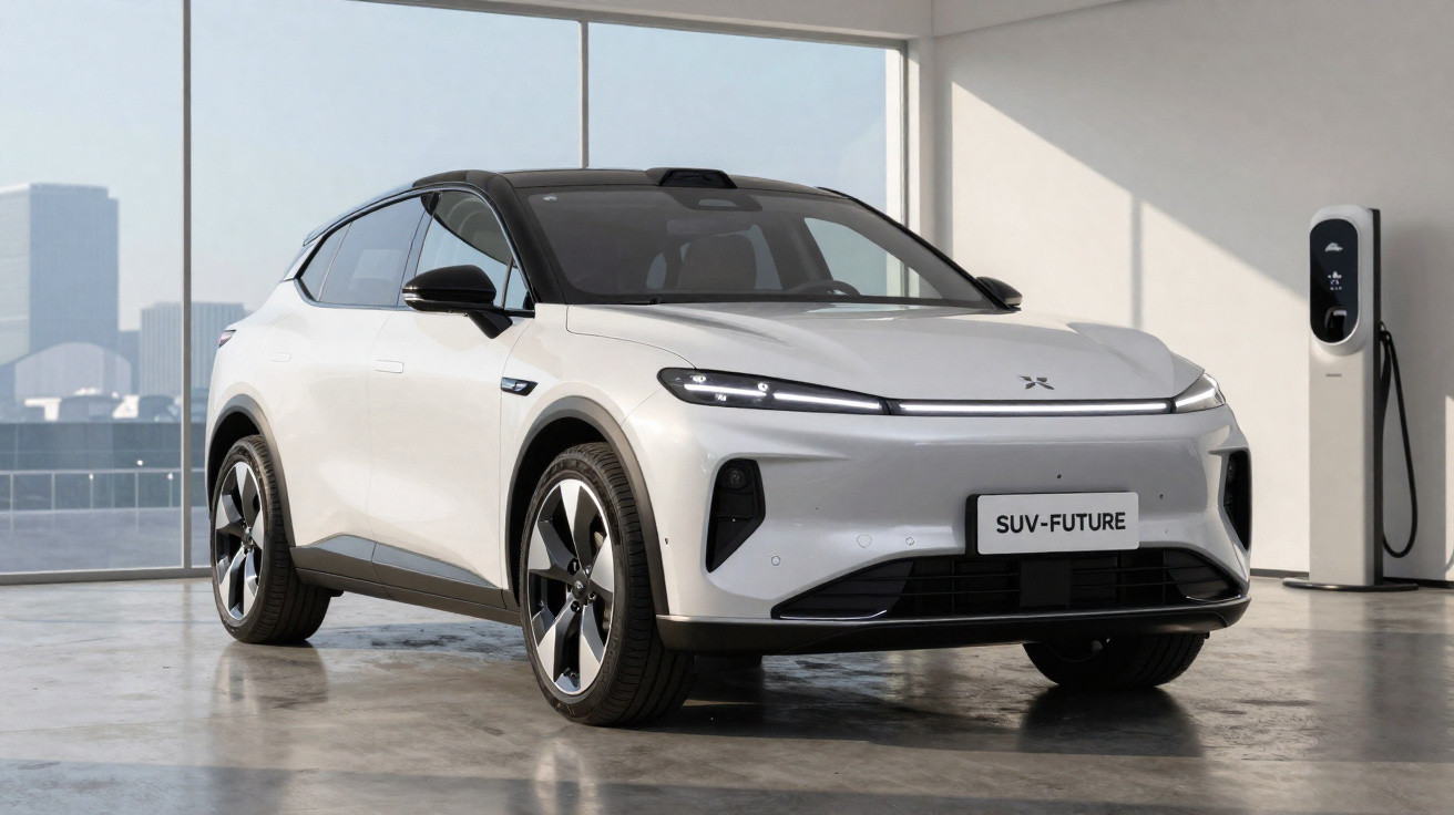 Carro elétrico SUV branco estacionado em garagem moderna com carregador na parede.