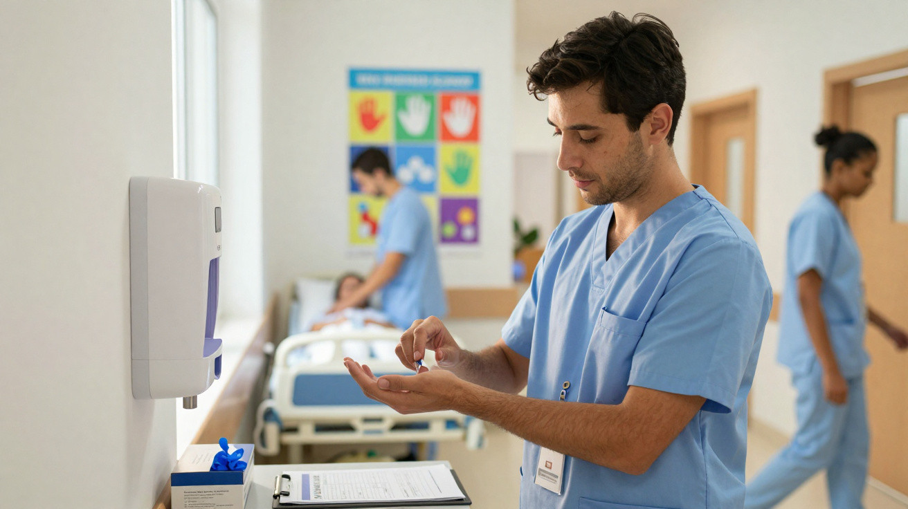 Enfermeiro aplicando álcool em gel em corredor de hospital com paciente e profissionais ao fundo.