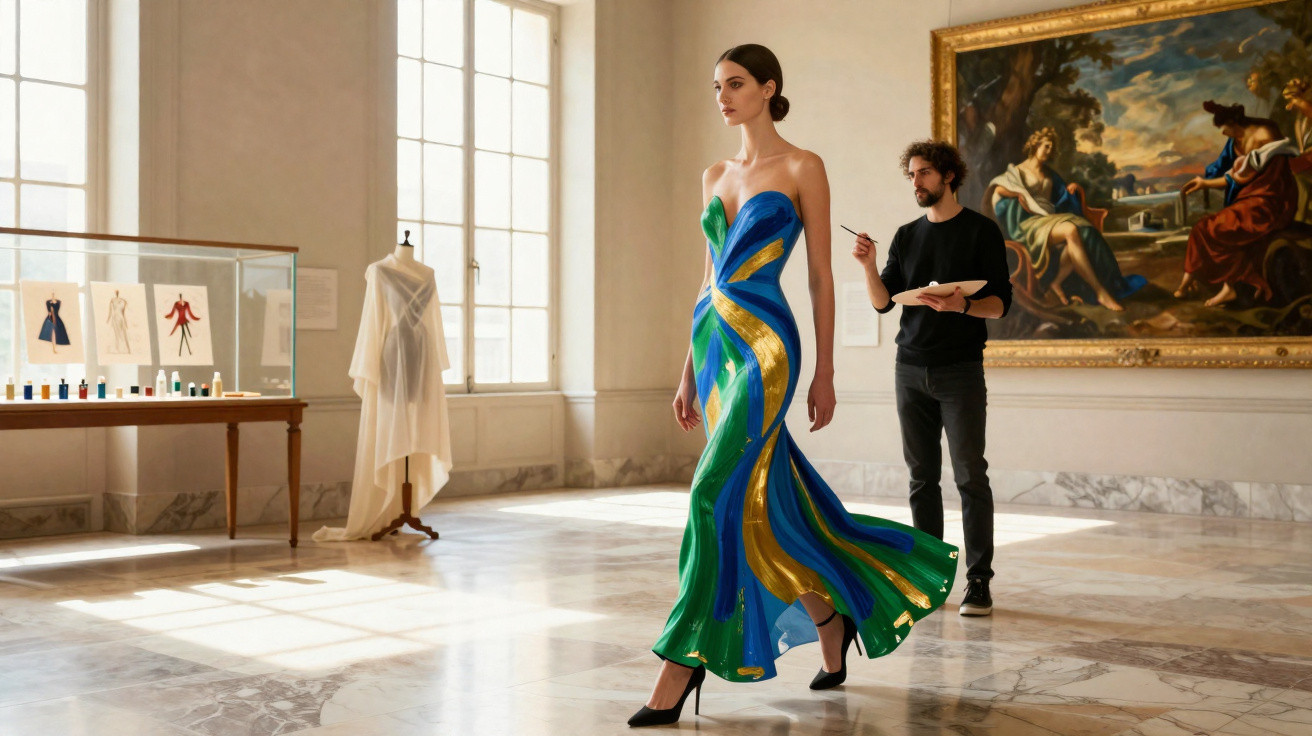 Mulher em vestido de gala colorido posando enquanto artista pinta no salão com obras de arte ao fundo.