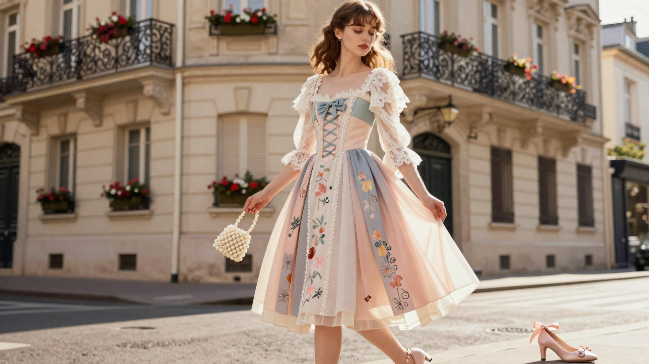 Mulher elegante com vestido rosa e azul bordado, renda, segurando bolsa de pérolas em rua com prédio clássico.