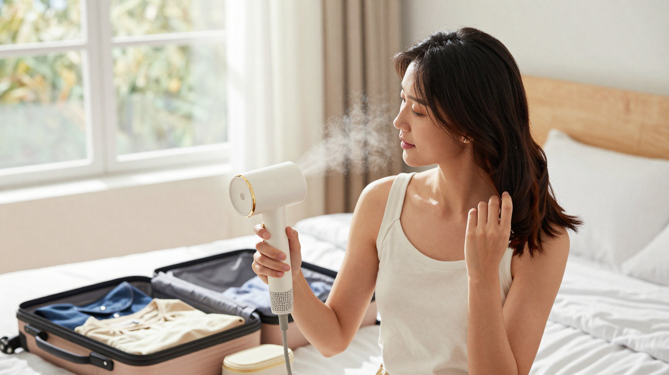 Mulher usando vaporizador para roupas, sentada perto de uma mala aberta em um quarto iluminado.