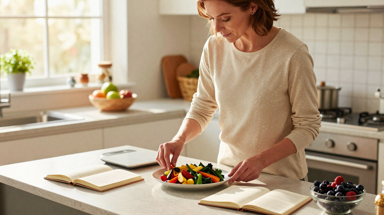 Mulher na cozinha preparando prato com legumes e verduras, ao lado de livros abertos na bancada.