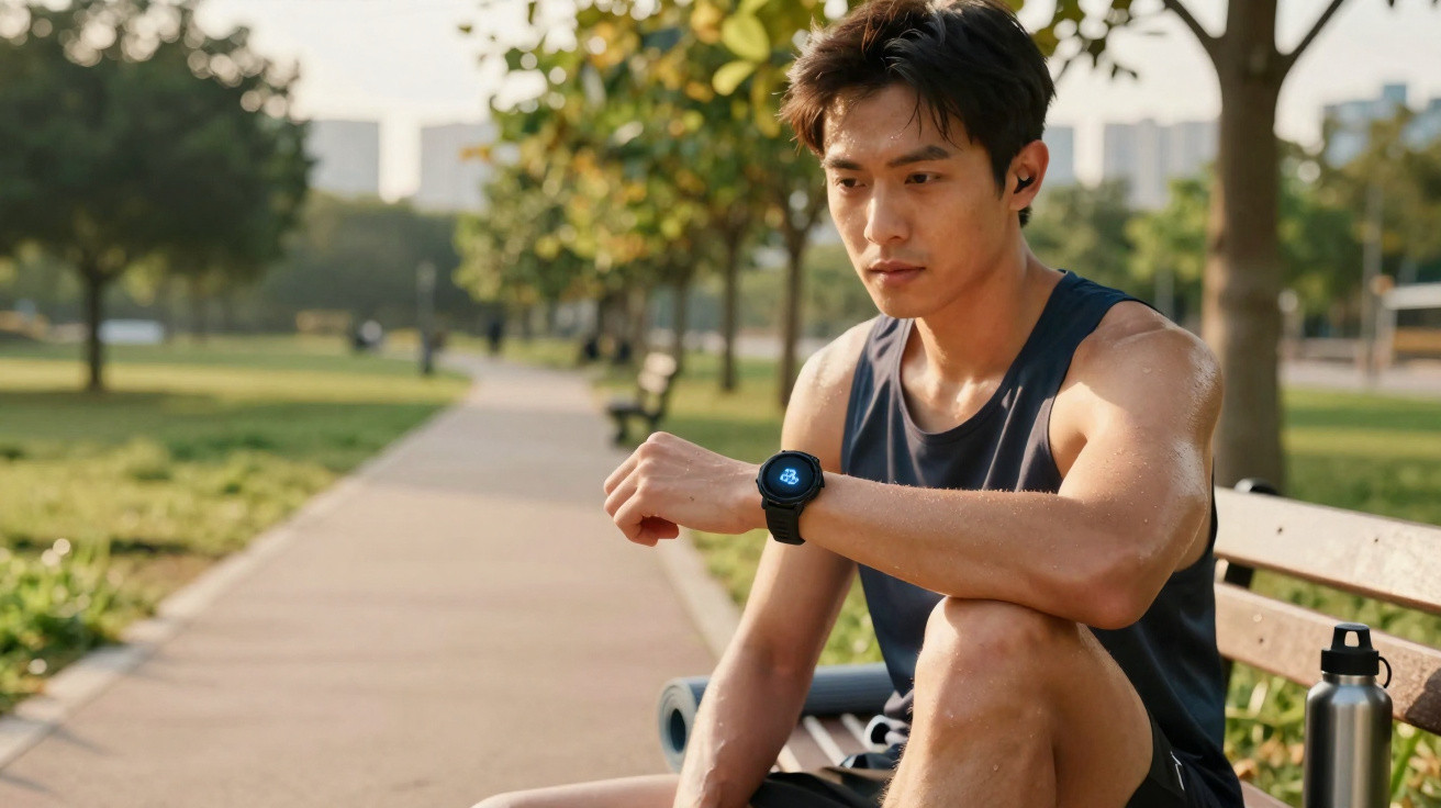 Homem com camiseta regata azul olhando smartwatch sentado em banco de parque, com garrafa térmica ao lado.