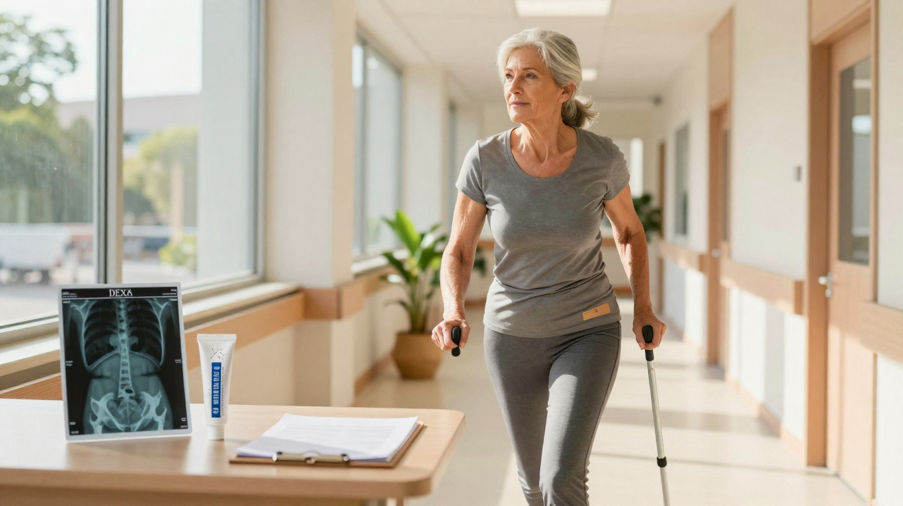 Mulher idosa caminhando com muletas no corredor de hospital, ao lado mesa com raio-X, pomada e prontuário.