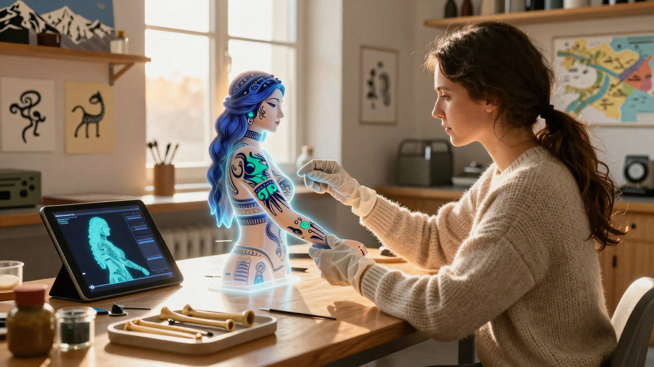 Mulher com luvas pinta tatuagens em holograma 3D de figura feminina azul em mesa iluminada.