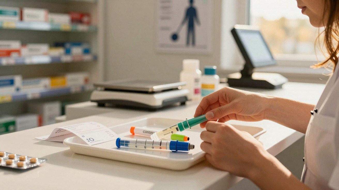 Pessoa manuseando seringas e medicamentos em bandeja dentro de farmácia ou ambiente hospitalar.