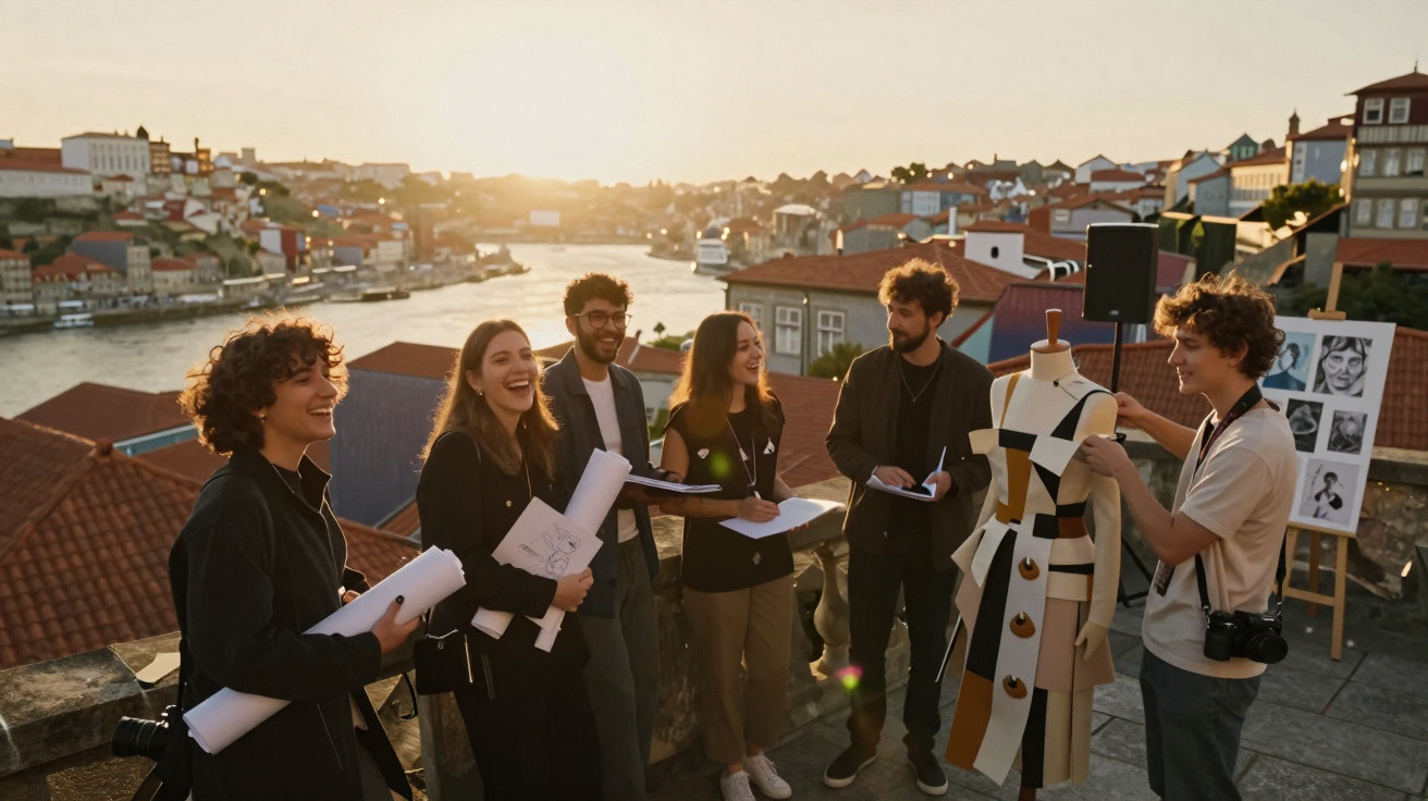 Grupo de jovens artistas discutindo desenho de moda ao ar livre com vista para cidade ao pôr do sol.