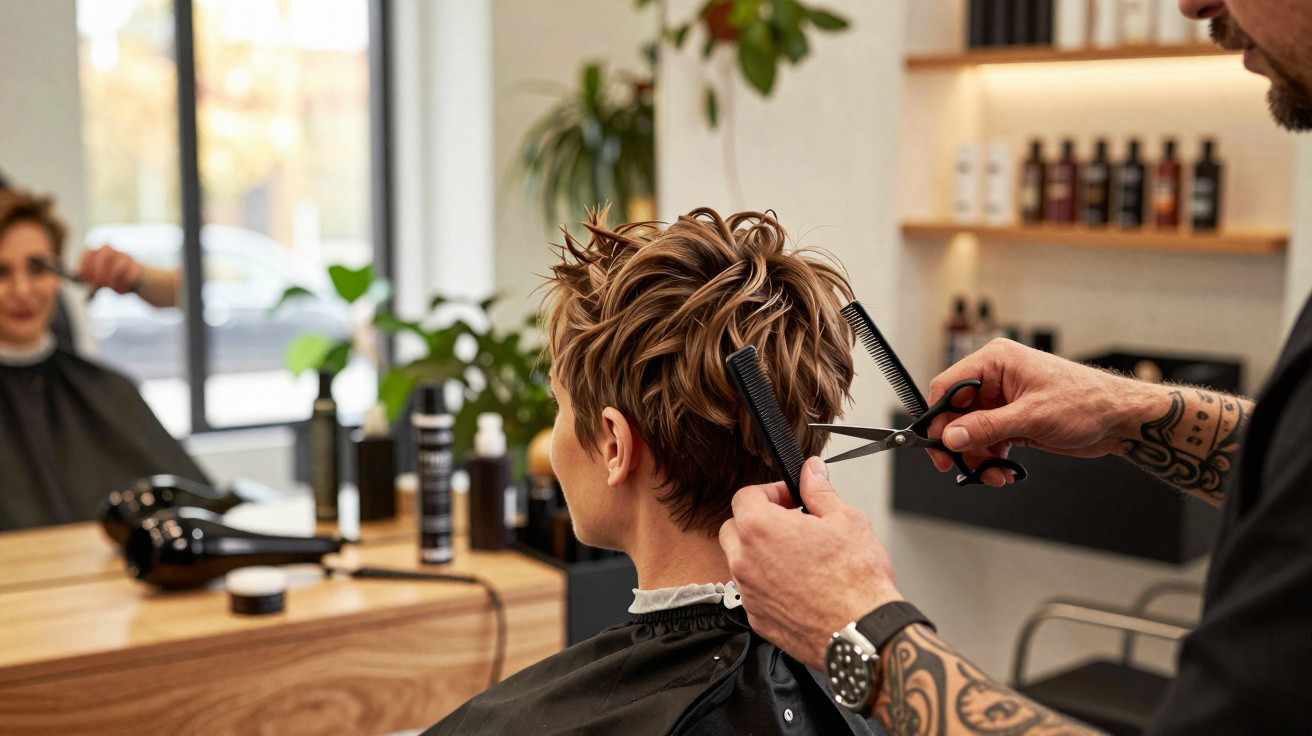 Pessoa com cabelo curto sendo cortado por cabeleireiro com tesoura e pente em salão moderno.