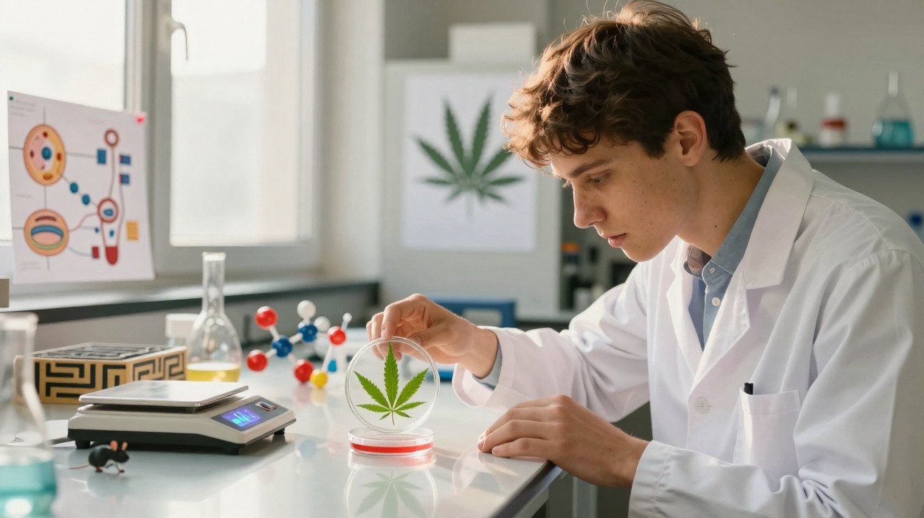 Jovem cientista em laboratório analisando lâmina com folha de maconha e equipamentos ao redor.