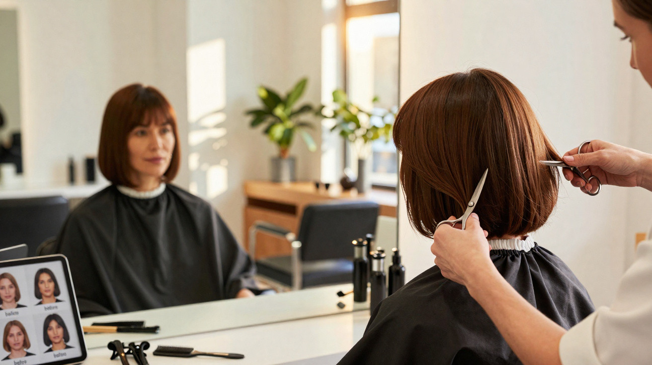 Mulher sentada em salão de beleza fazendo corte de cabelo curto na frente do espelho.