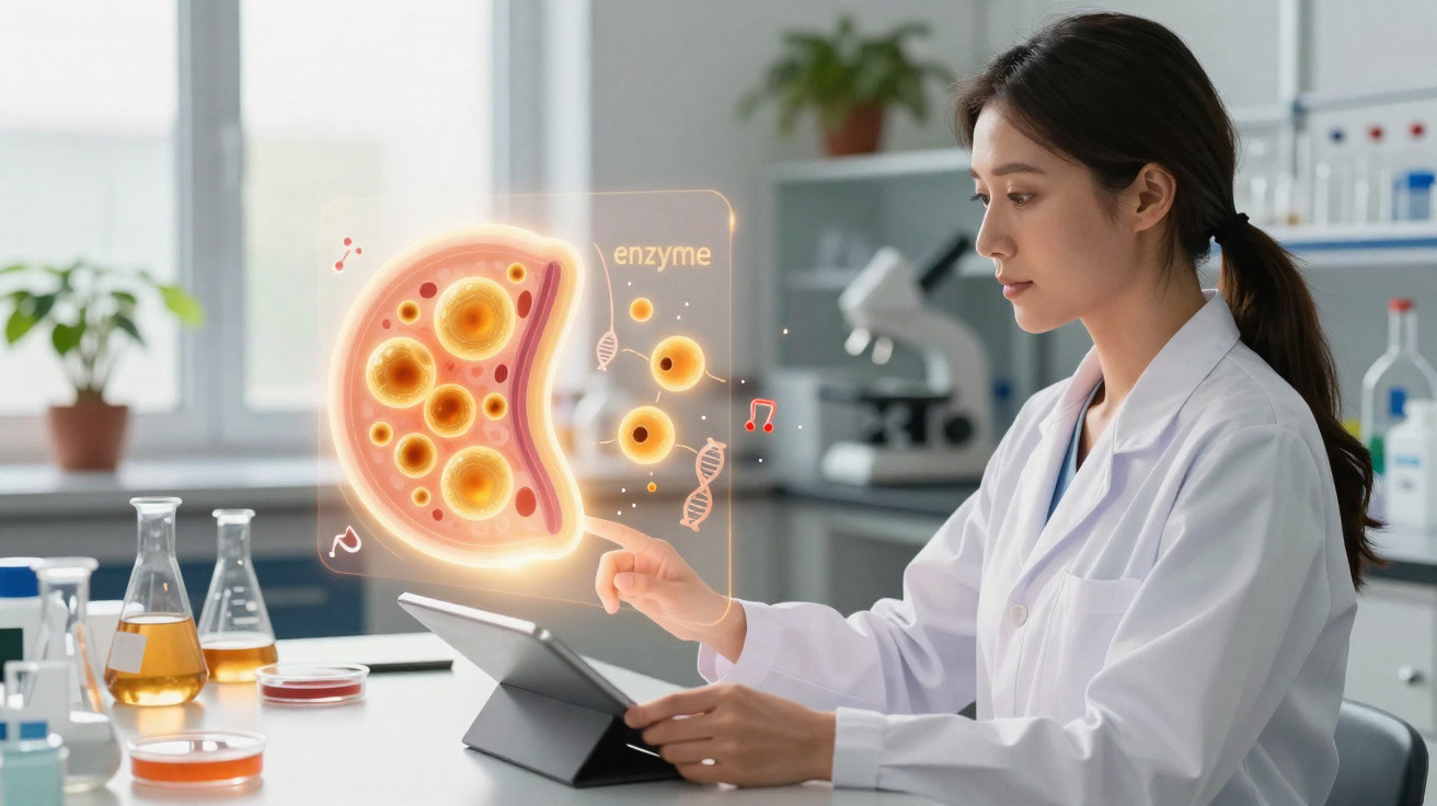 Cientista mulher em laboratório interage com holograma de célula e símbolo de enzima.