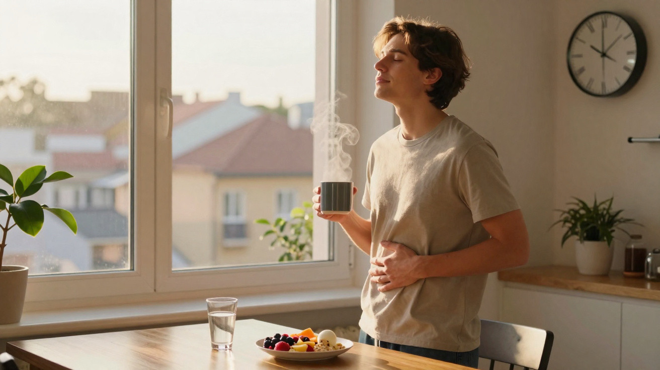 Jovem segurando caneca com vapor, apreciando aroma, ao lado de mesa com café da manhã em cozinha iluminada.