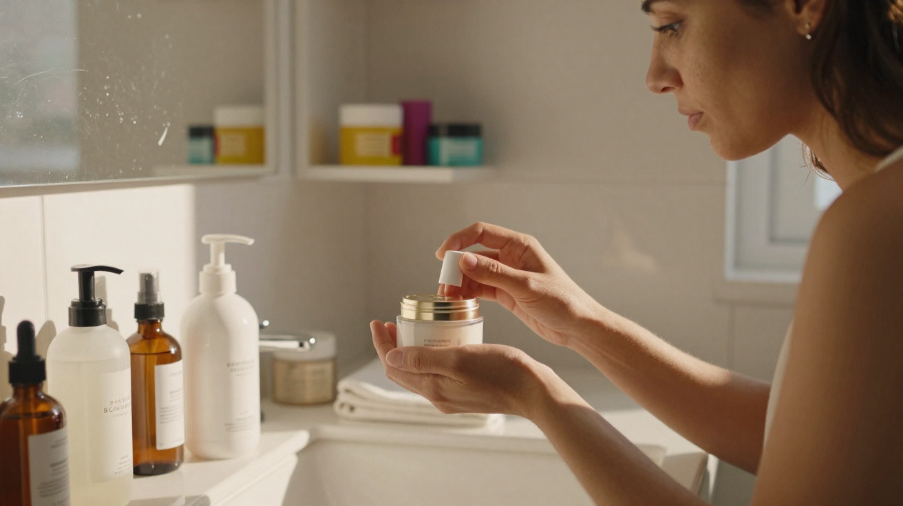 Mulher aplicando creme facial em banheiro com vários frascos de cosméticos sobre pia.