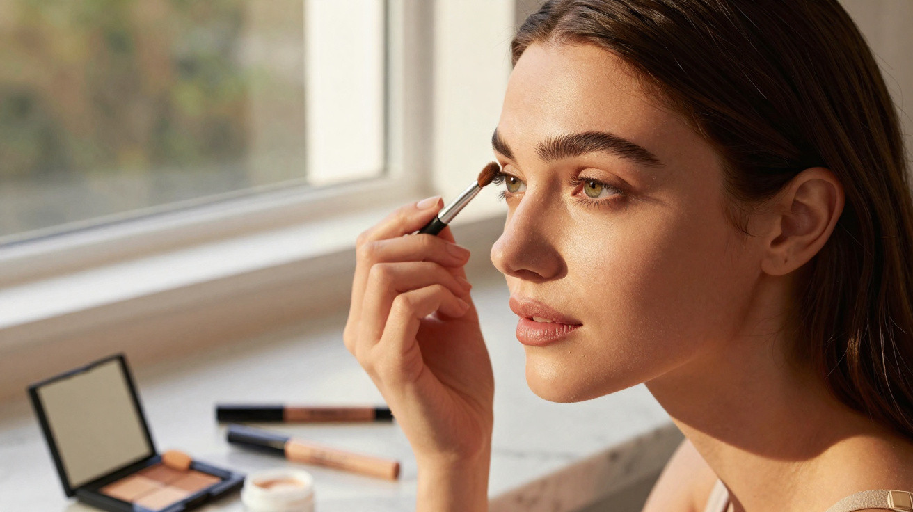 Mulher aplicando sombra nos olhos perto da janela com produtos de maquiagem ao lado.