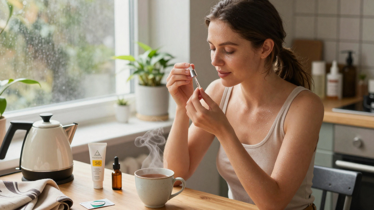 Mulher aplicando sérum facial sentada à mesa com xícara de chá quente e produtos de skincare.
