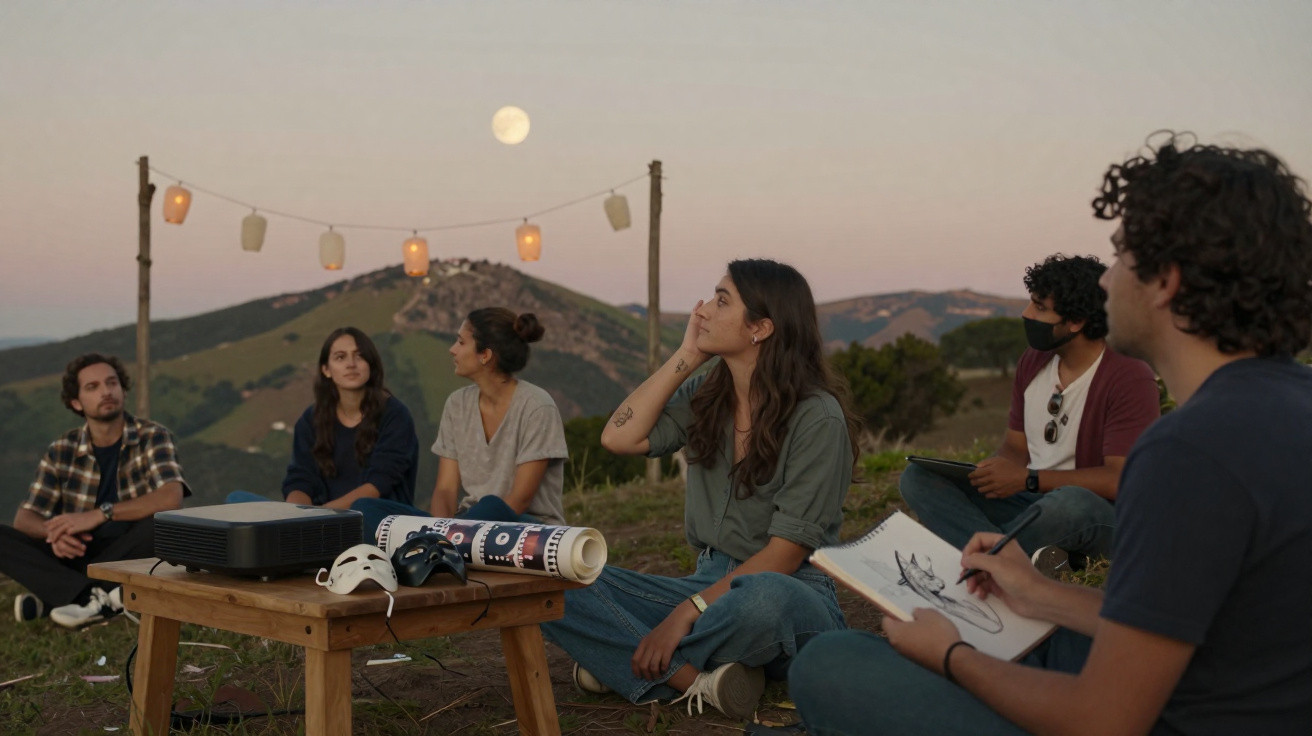 Grupo de jovens sentado ao ar livre ao entardecer, com projetor, máscara e ilustrações em papel.