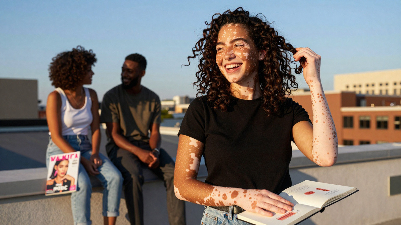 Jovem sorrindo com vitiligo segura livro, enquanto casal conversa ao fundo em área ao ar livre.