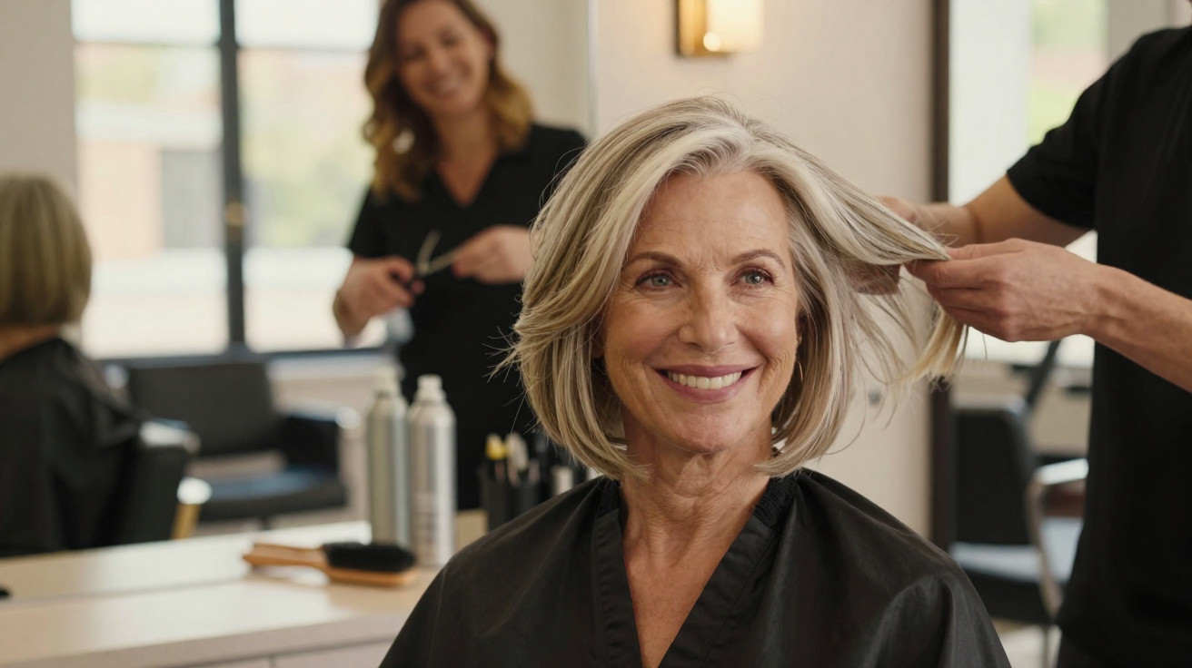 Mulher sorridente com cabelo grisalho curto sendo arrumado em salão de beleza.