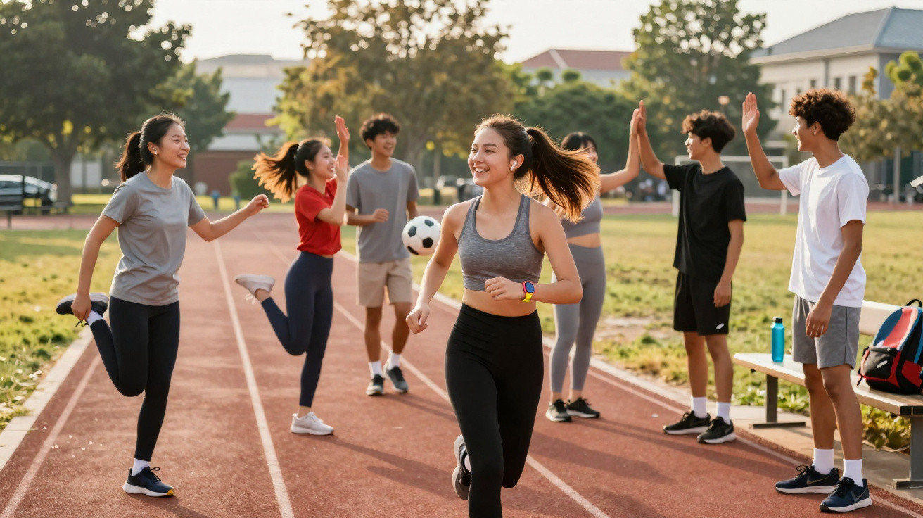 Grupo de jovens se exercitando e brincando em pista de atletismo ao ar livre com bola de futebol.