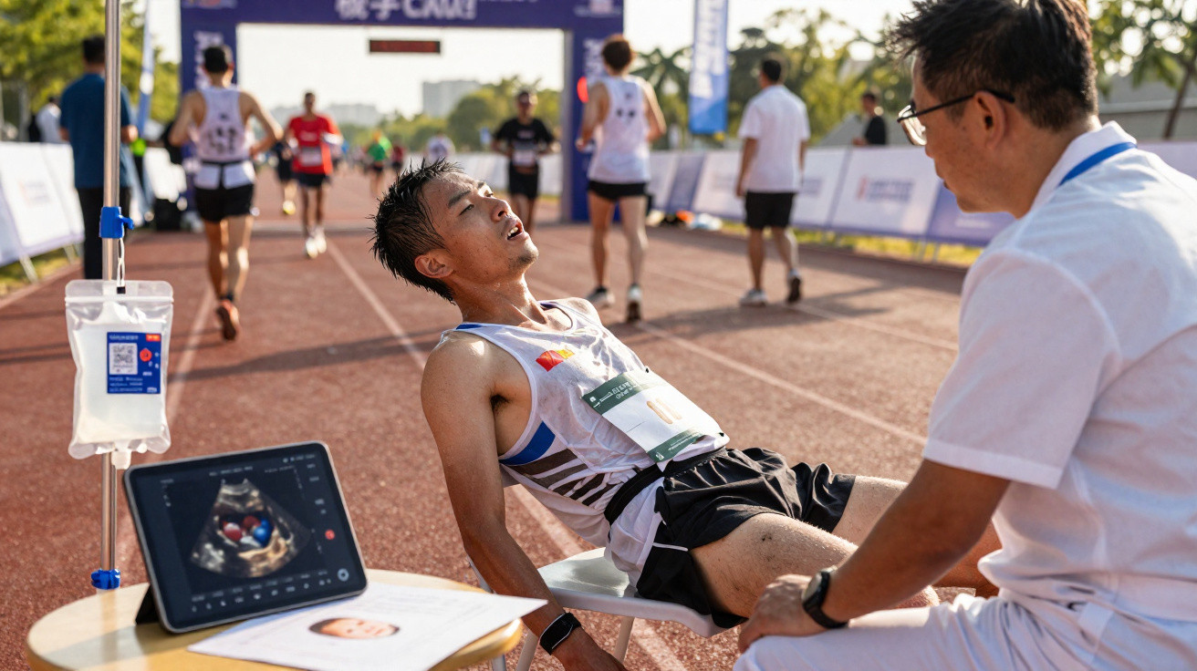 Atleta exausto sentado enquanto recebe atendimento médico em pista de corrida ao ar livre.