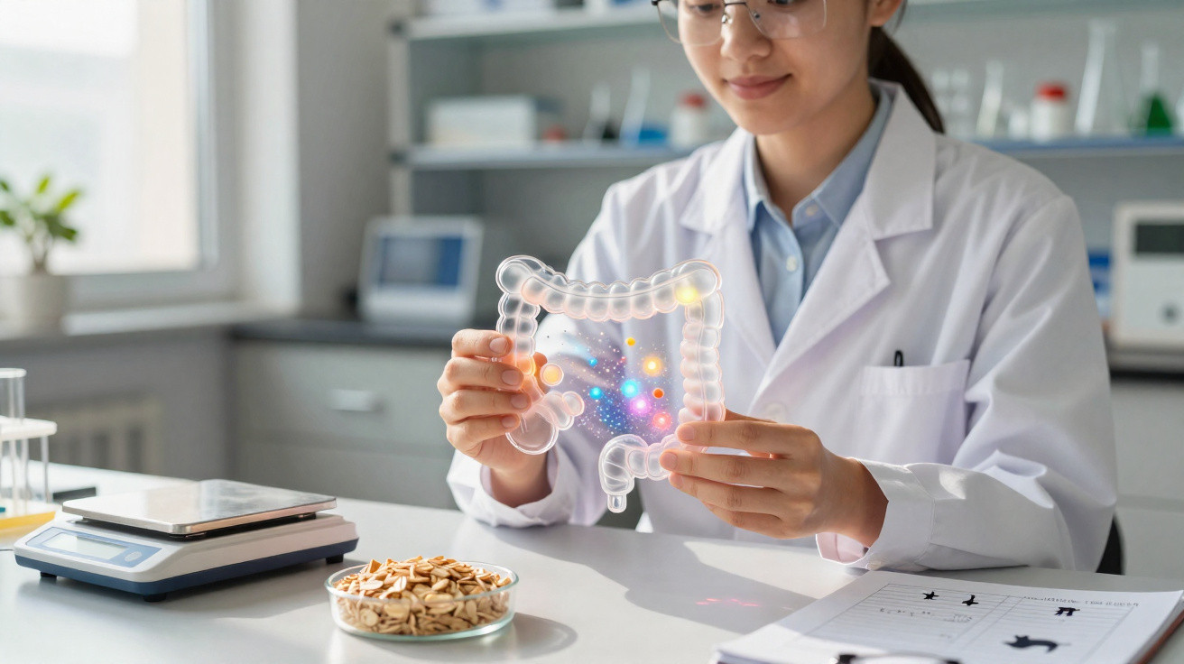 Pesquisadora com jaleco segurando modelo transparente do intestino com ilustração de bactérias coloridas no laboratório.