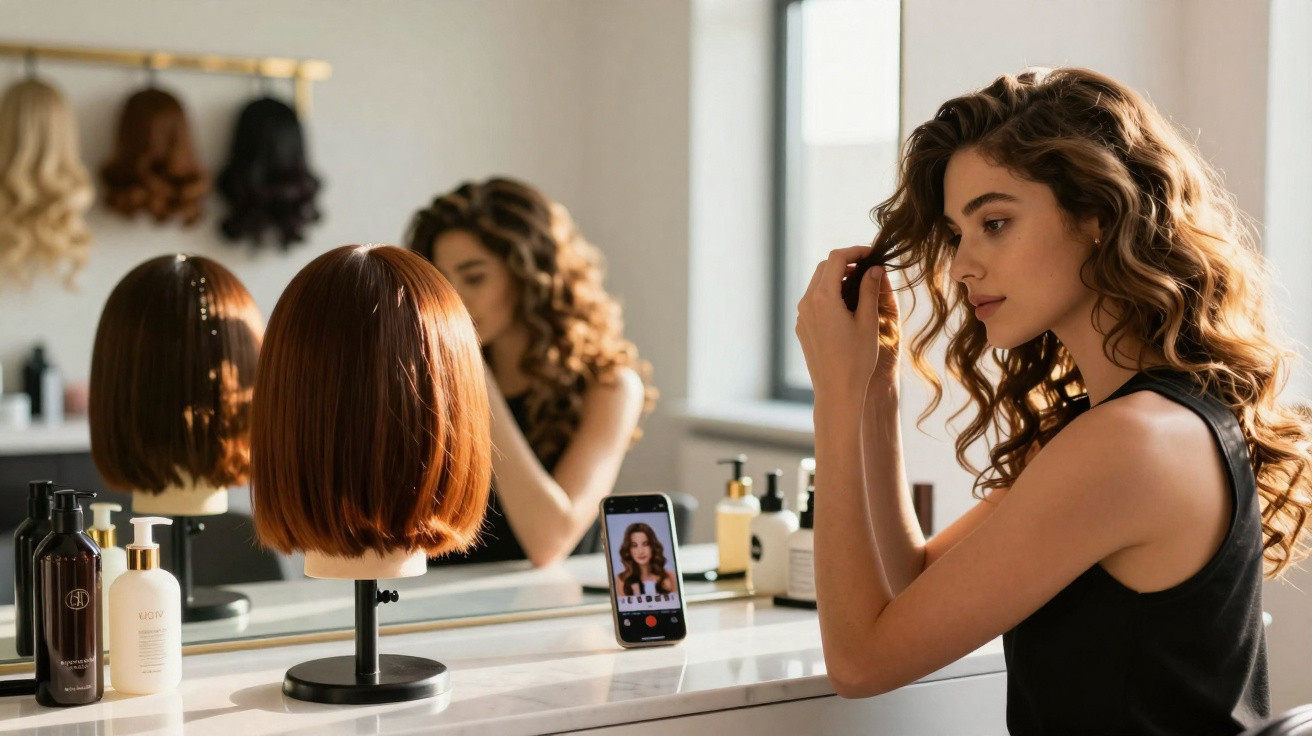 Mulher encaracolada arrumando o cabelo em frente ao espelho com peruca de cabelo curto e produtos sobre a bancada.