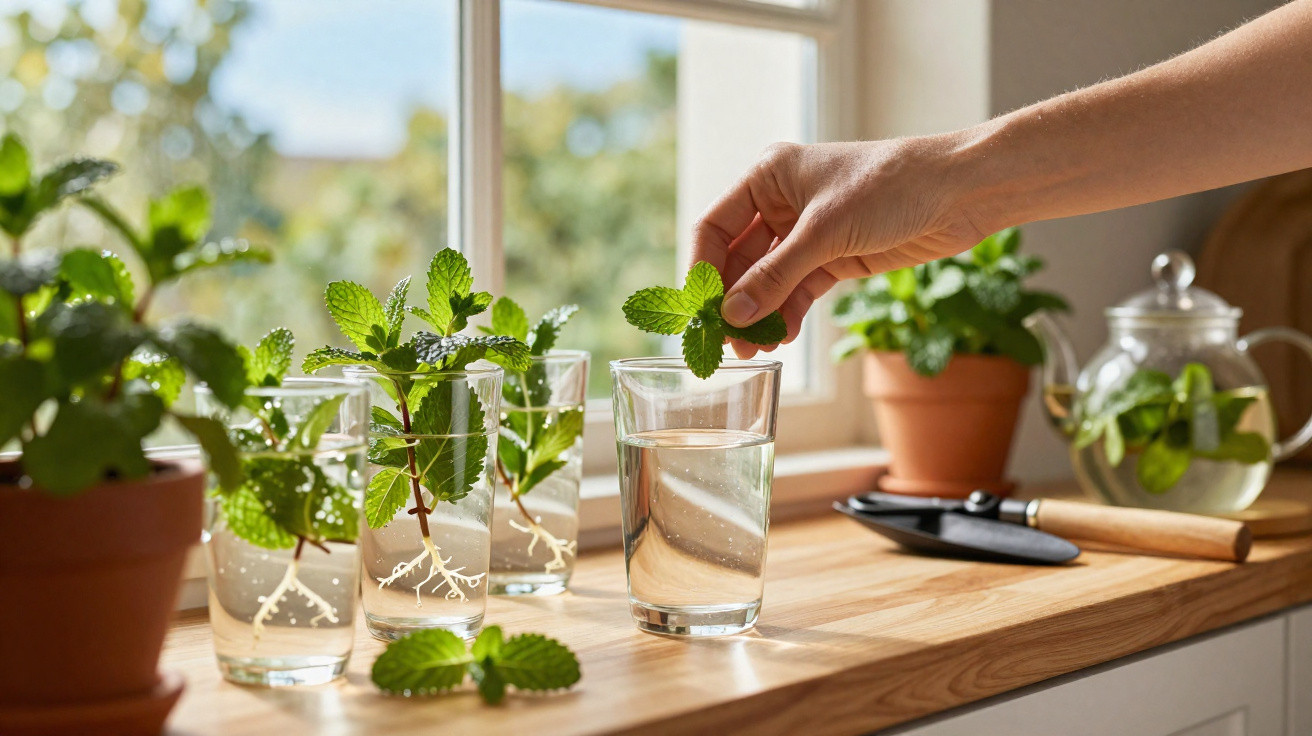 Mão colocando folha de hortelã em copo com água, junto a vasos e copos com plantas na bancada.