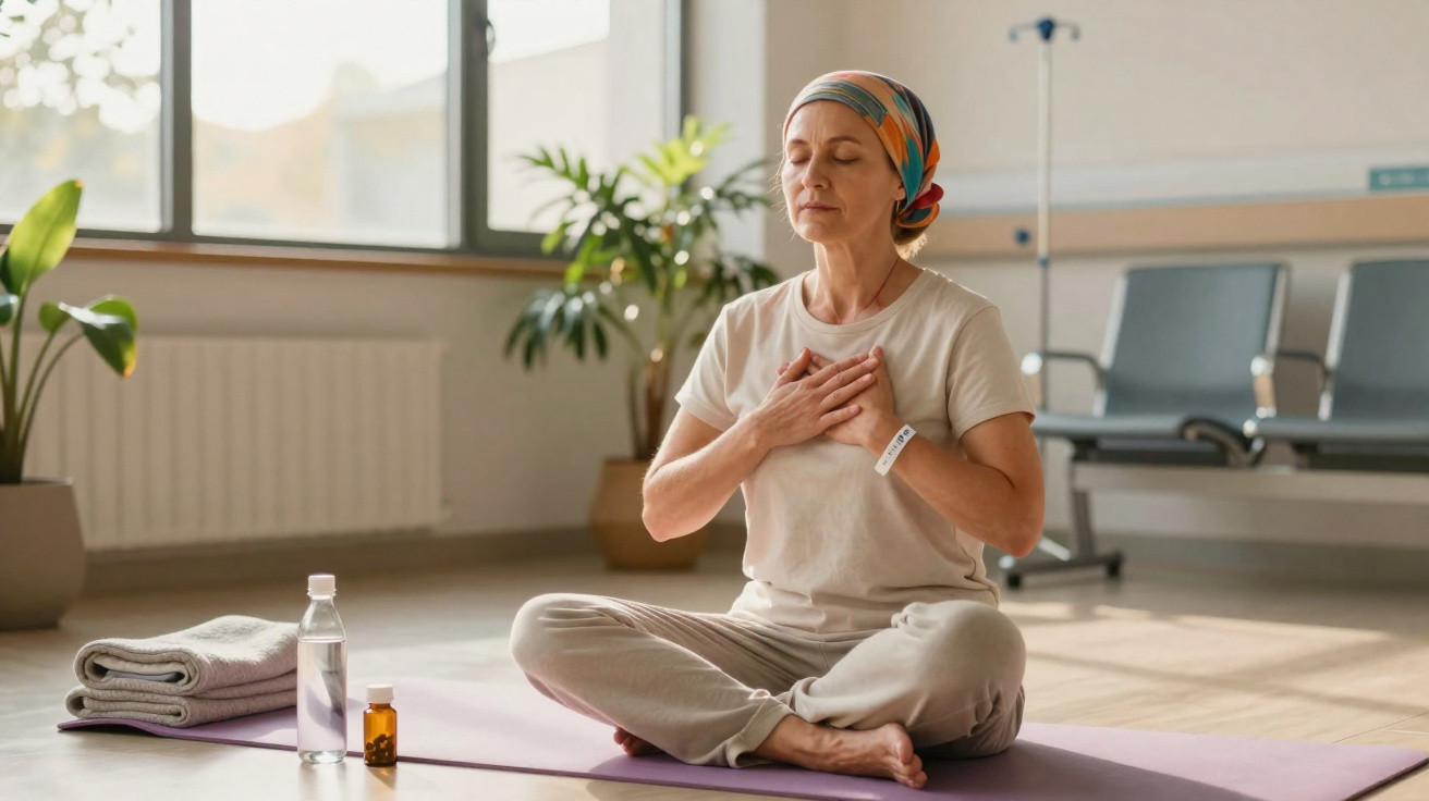 Mulher com lenço na cabeça meditando sentada em tapete de yoga em ambiente iluminado e tranquilo.