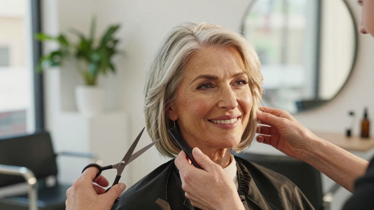 Mulher sorridente com cabelo curto recebendo corte de cabelo em salão moderno e iluminado.