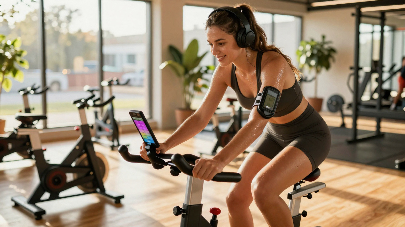 Mulher sorrindo pedalando em bicicleta ergométrica com fone e celular em suporte na academia.