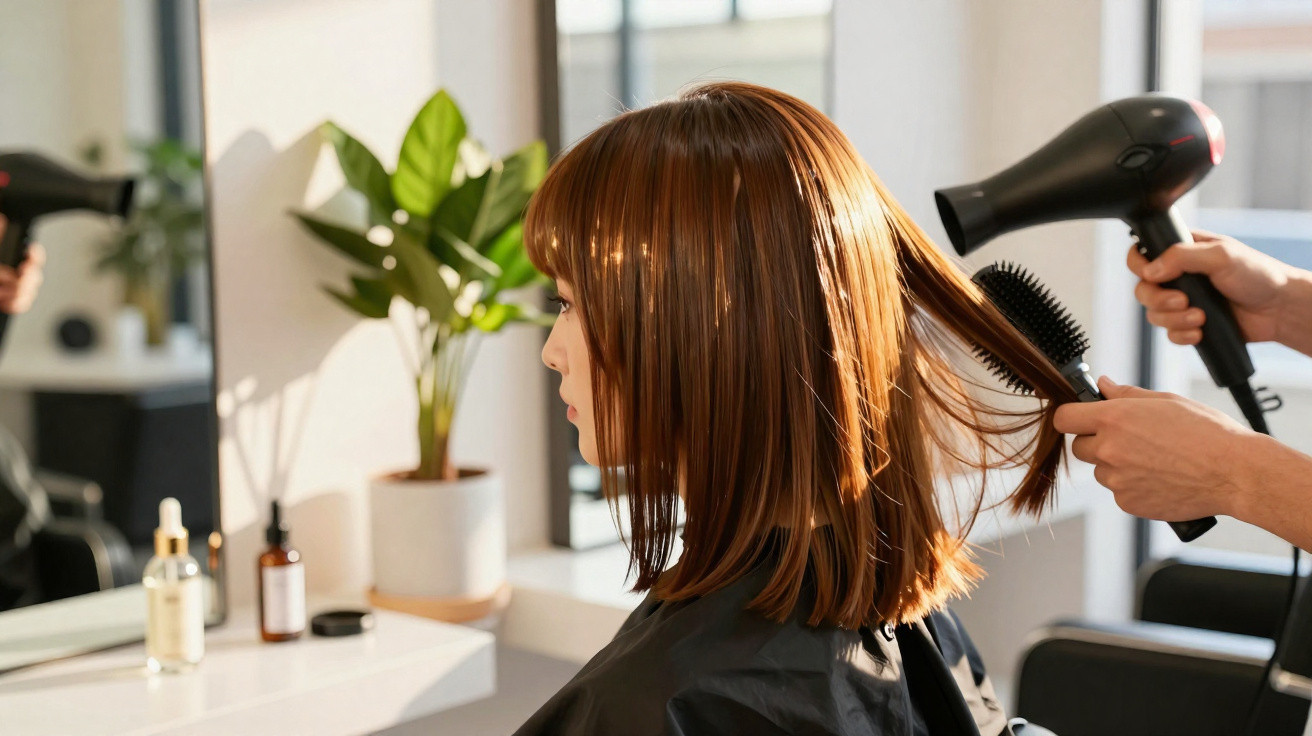 Mulher com cabelo castanho sendo seca com secador e escova em salão de beleza.