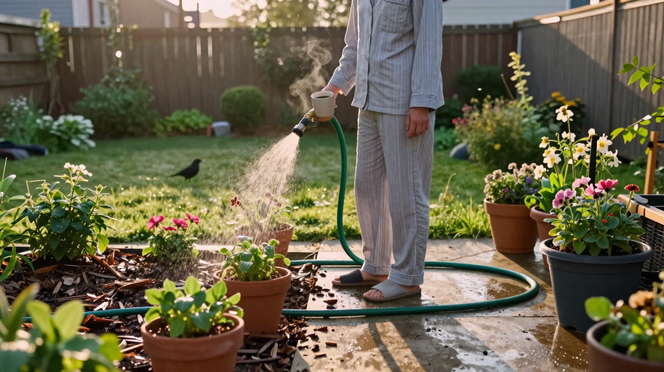 Pessoa de pijama regando plantas em vasos no jardim durante o amanhecer.