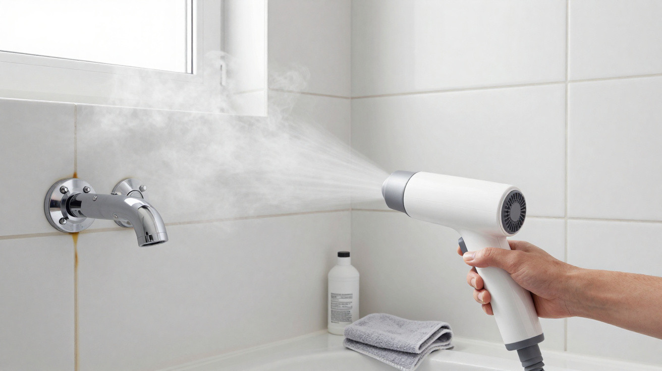 Mão segurando vaporizador branco aplicando vapor em torneira metálica em banheiro com azulejos brancos.