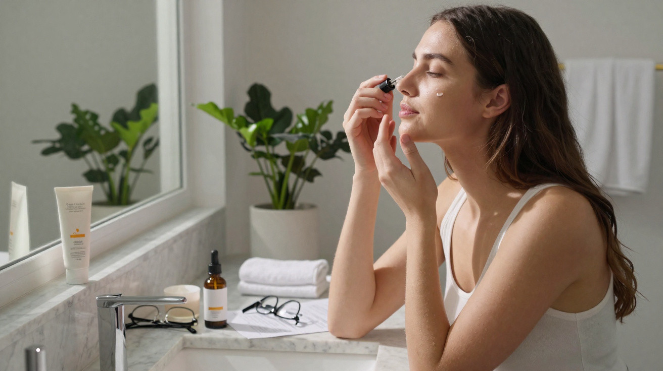 Mulher aplicando sérum facial no rosto em banheiro iluminado com planta ao fundo.