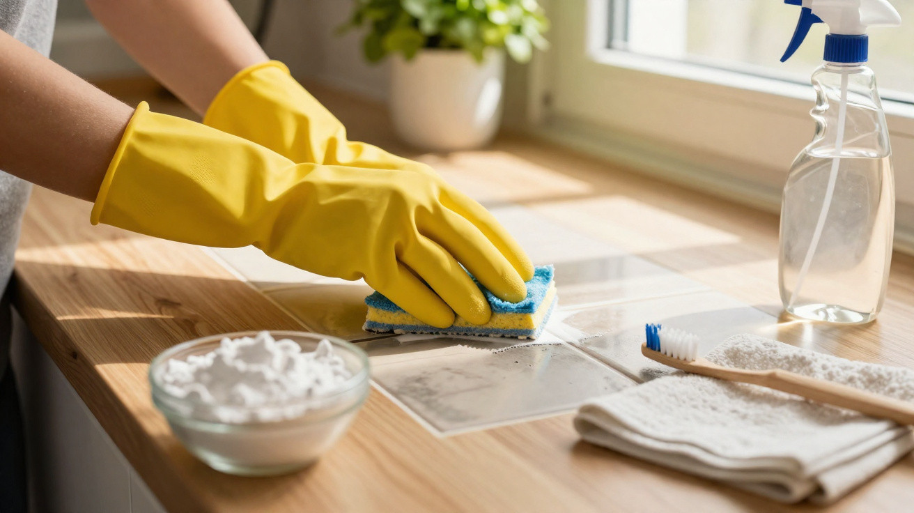 Pessoa usando luvas amarelas limpando bancada de cozinha com esponja azul e amarela, ao lado produtos de limpeza.