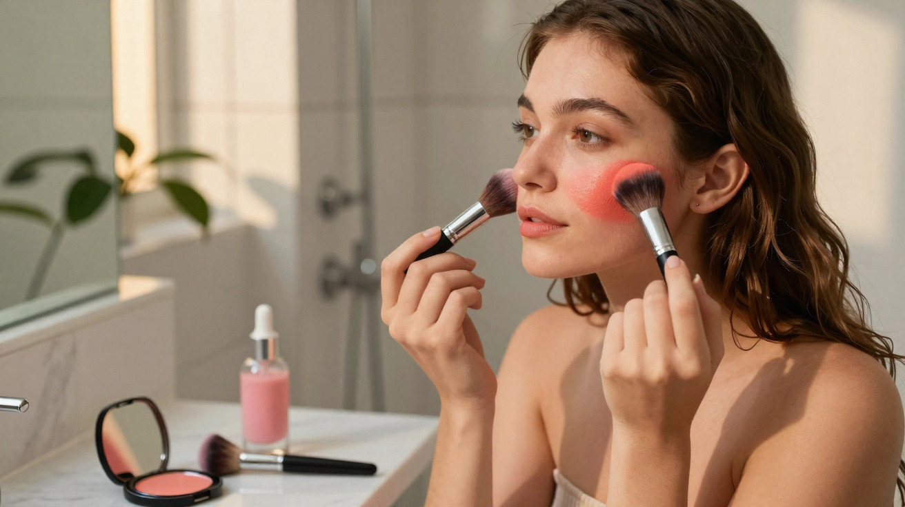 Mulher aplicando blush rosa no rosto com pincel em ambiente claro e banheiro ao fundo.