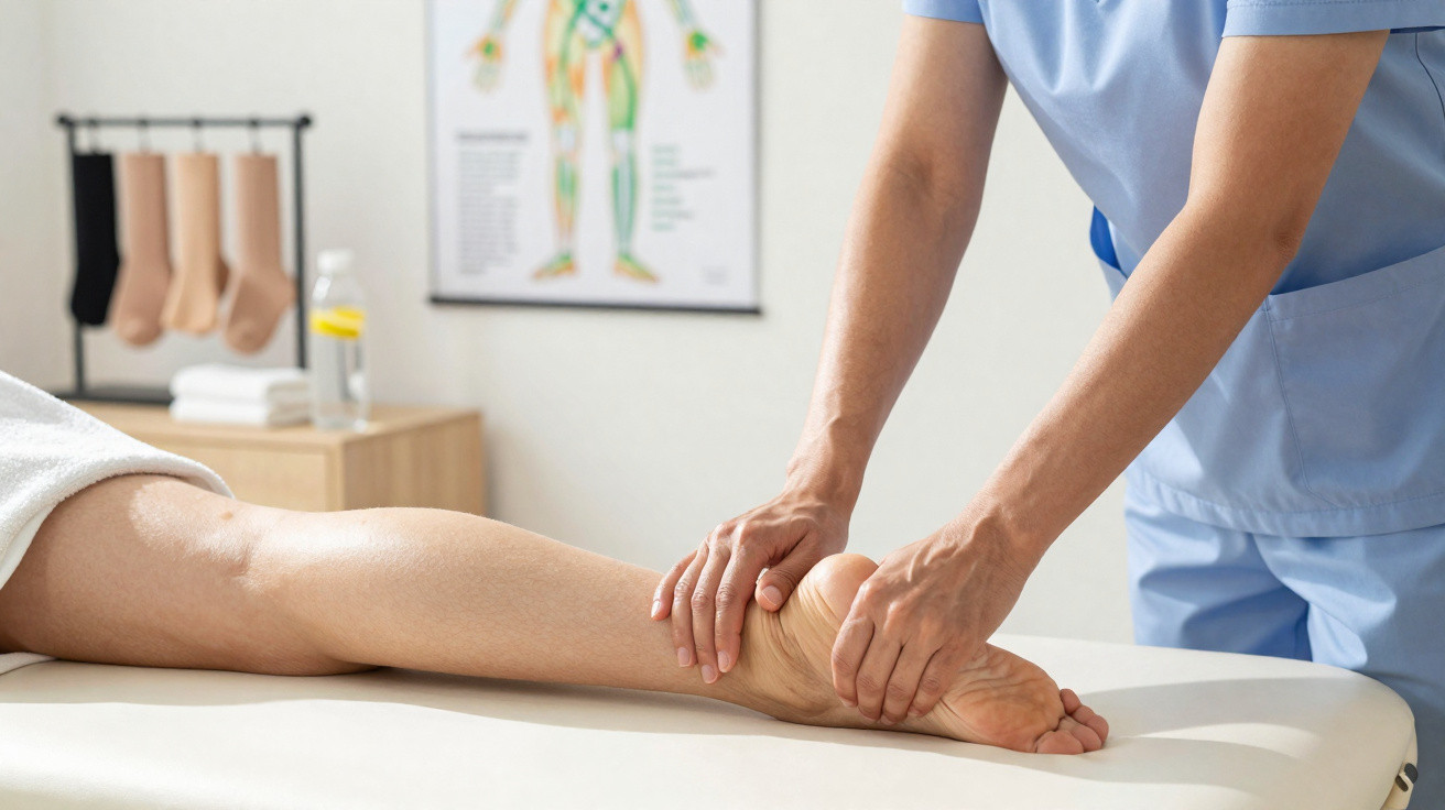 Fisioterapeuta realizando massagem e alongamento no tornozelo de paciente em clínica de reabilitação.