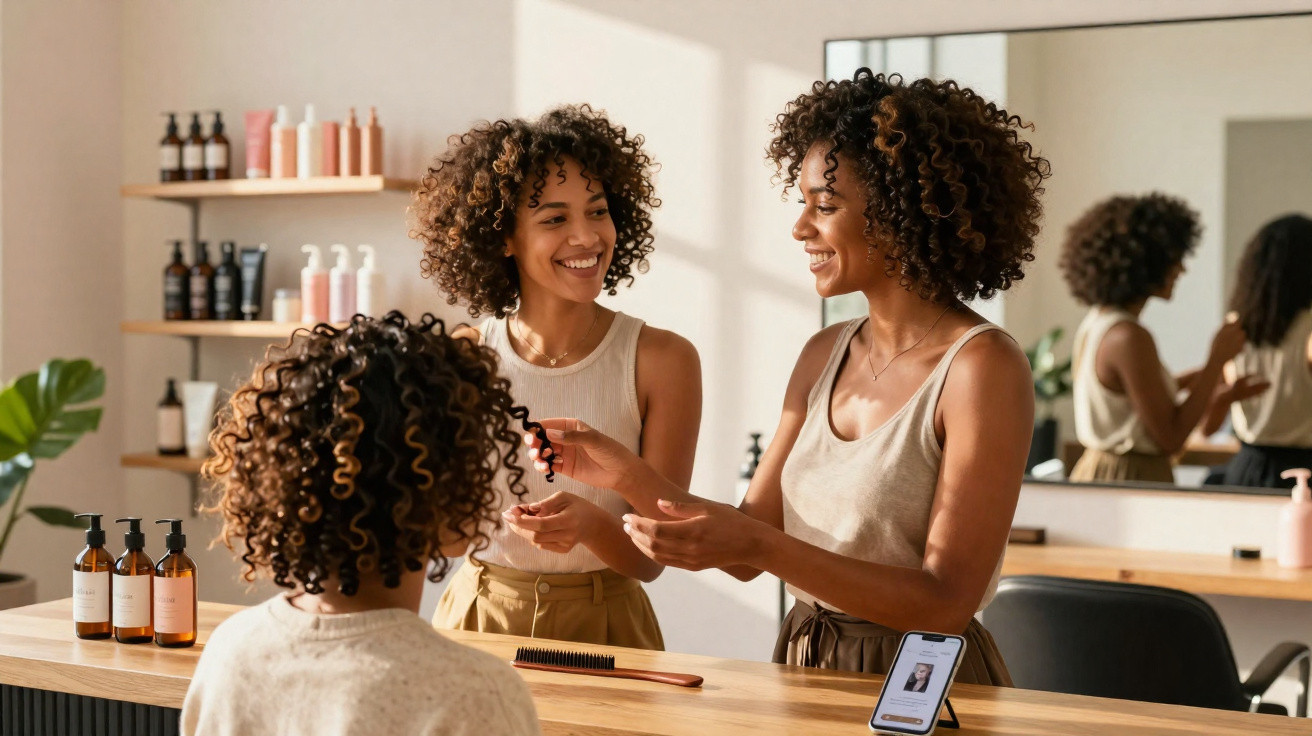 Duas mulheres sorrindo e analisando um cacho de cabelo em salão de beleza com produtos ao fundo.