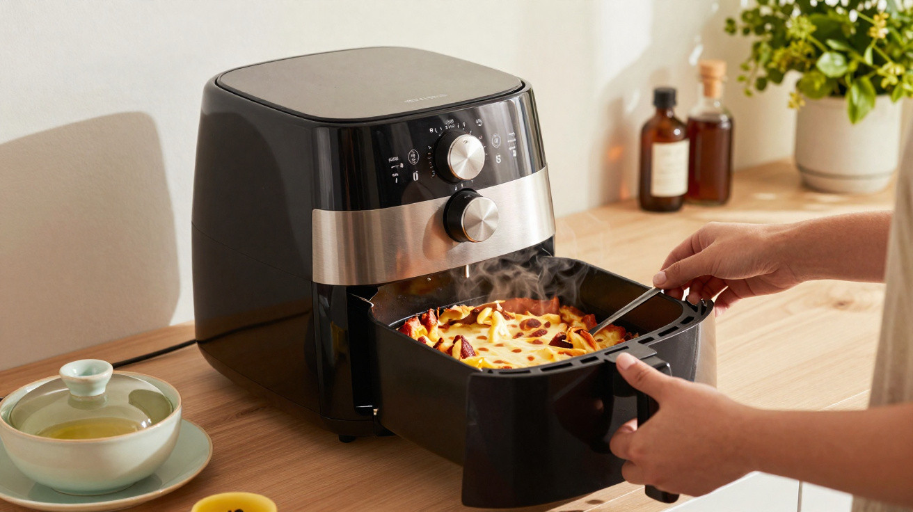 Pessoa retirando uma lasanha quente de fritadeira elétrica preta em bancada de cozinha clara.