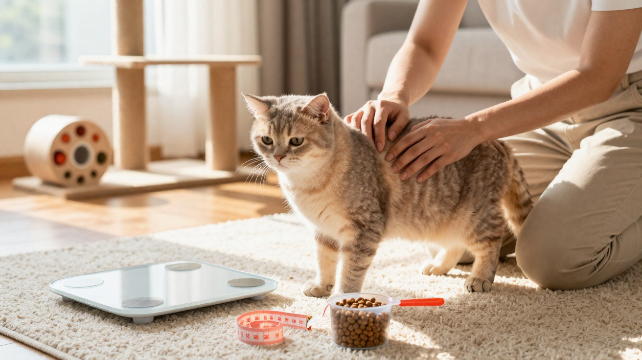 Gato em pé sobre tapete com pessoa fazendo massagem, junto a balança, fita métrica e ração.