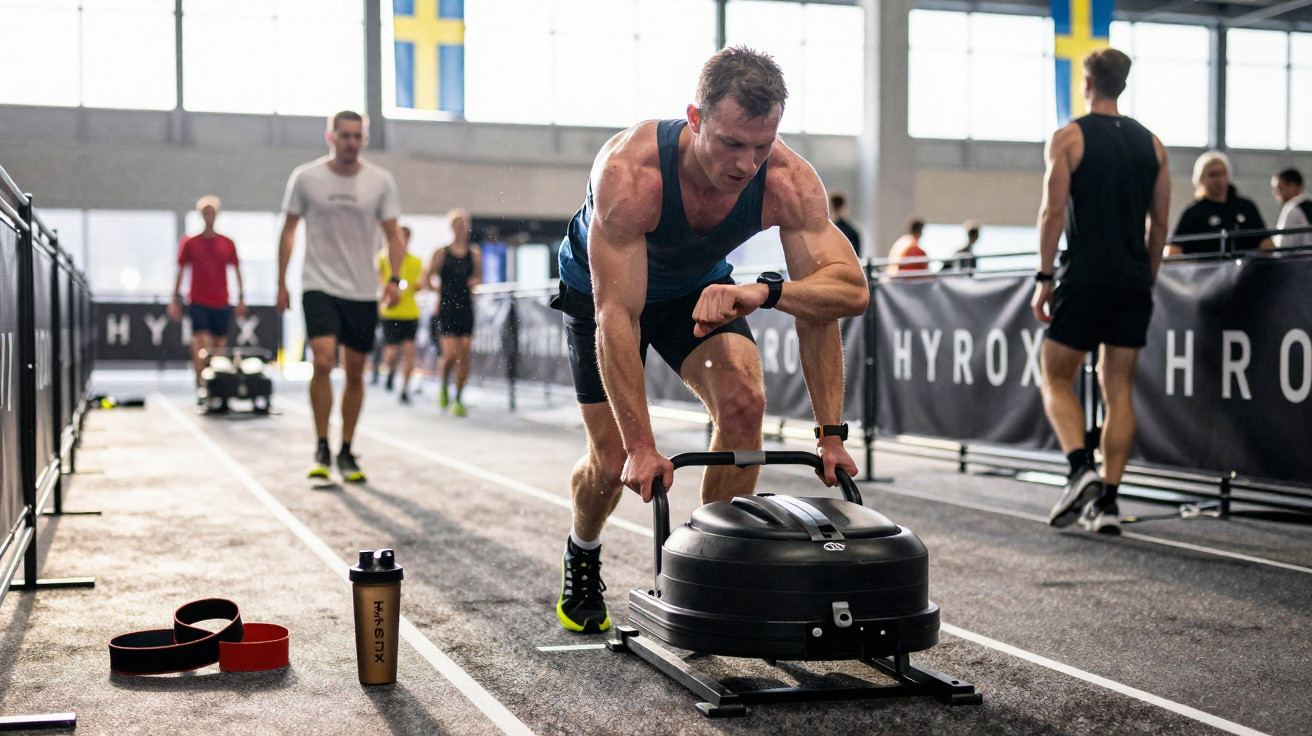 Homem empurra trenó com pesos em competição de fitness indoor com bandeiras da Suécia ao fundo.