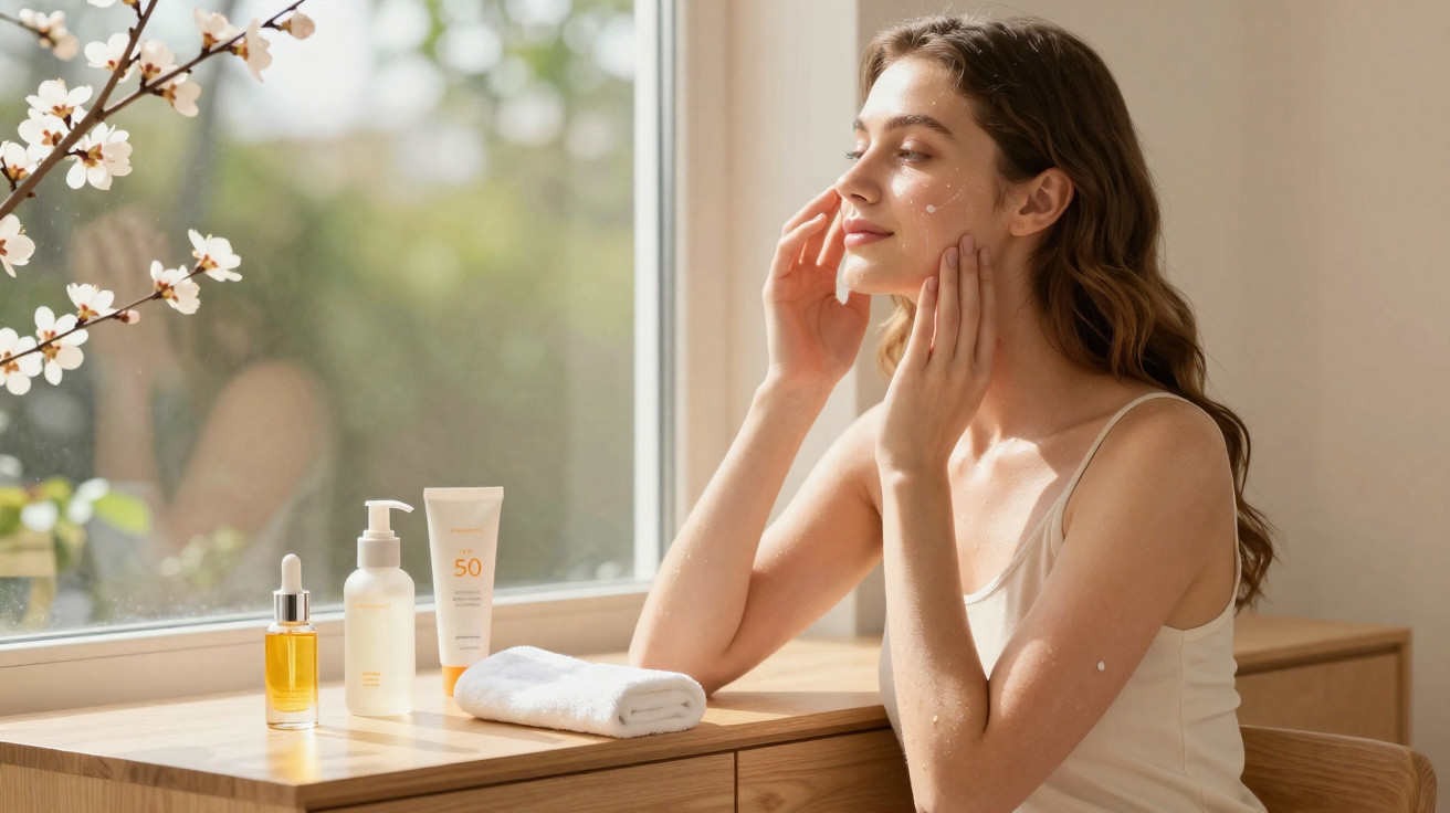 Mulher aplicando creme facial perto de janela com produtos de skincare e toalha branca sobre a mesa.