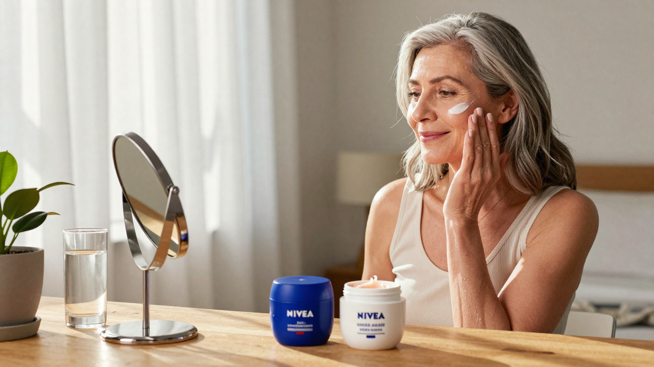 Mulher madura aplica creme no rosto sentada à mesa com potes de Nivea e espelho à frente.
