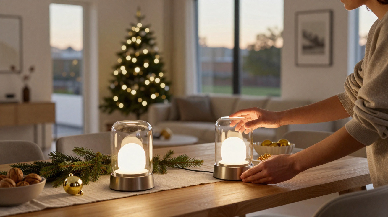 Pessoa tocando luminária decorativa em mesa de madeira com pinheiro de Natal iluminado ao fundo.