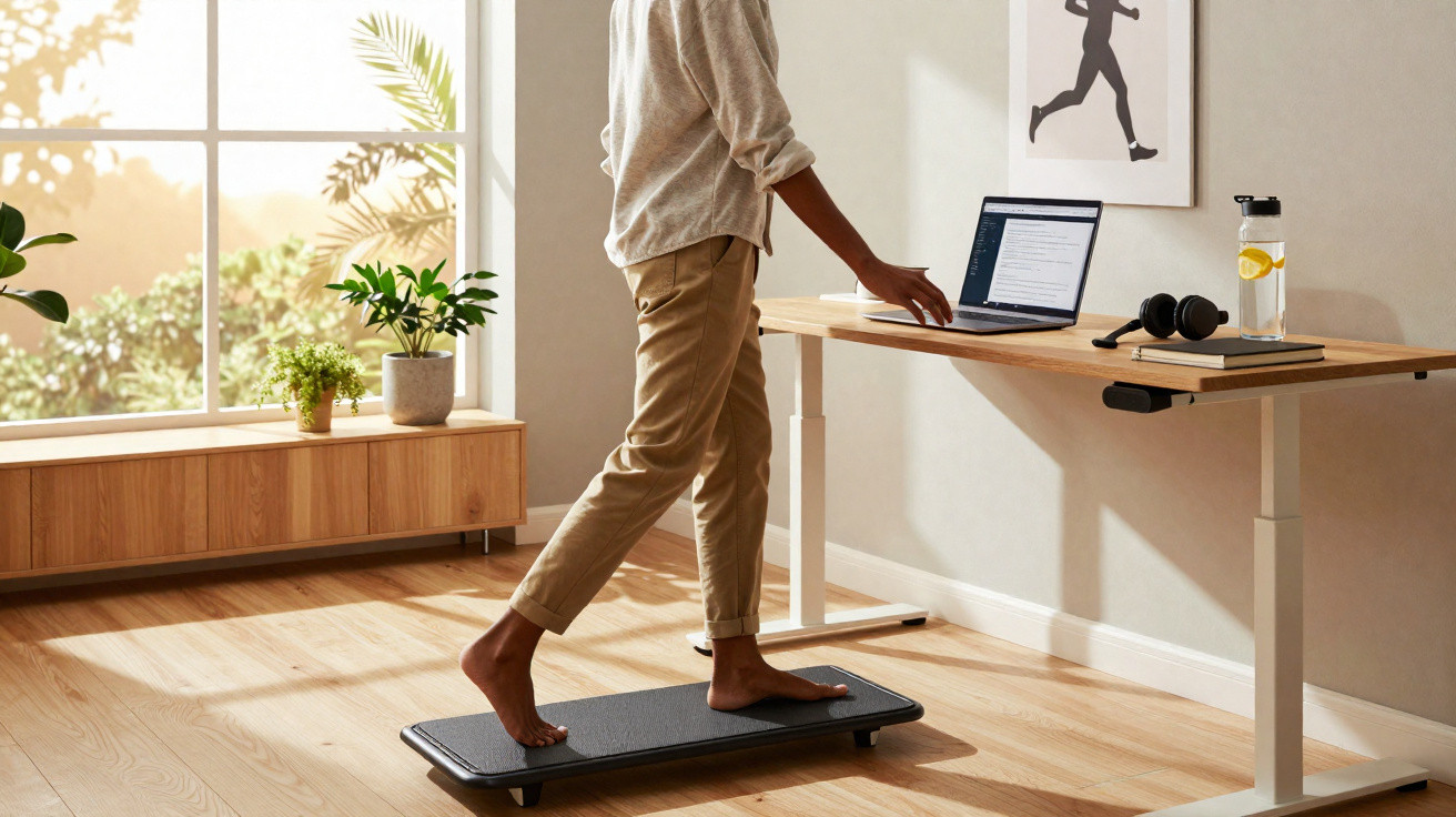 Pessoa caminhando em mini esteira ao lado de mesa de trabalho com notebook e garrafa de água.