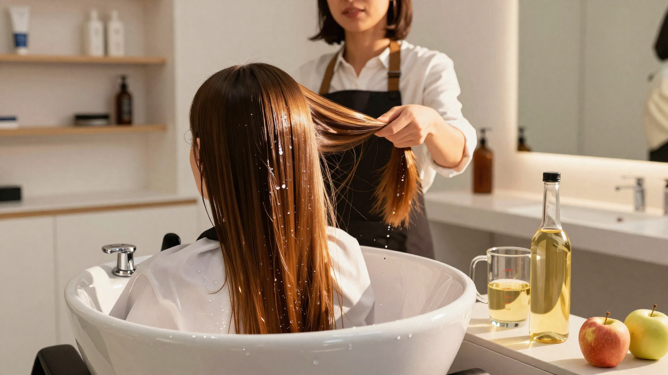 Profissional lavando cabelo molhado de cliente em salão moderno com maçãs e garrafa na bancada.