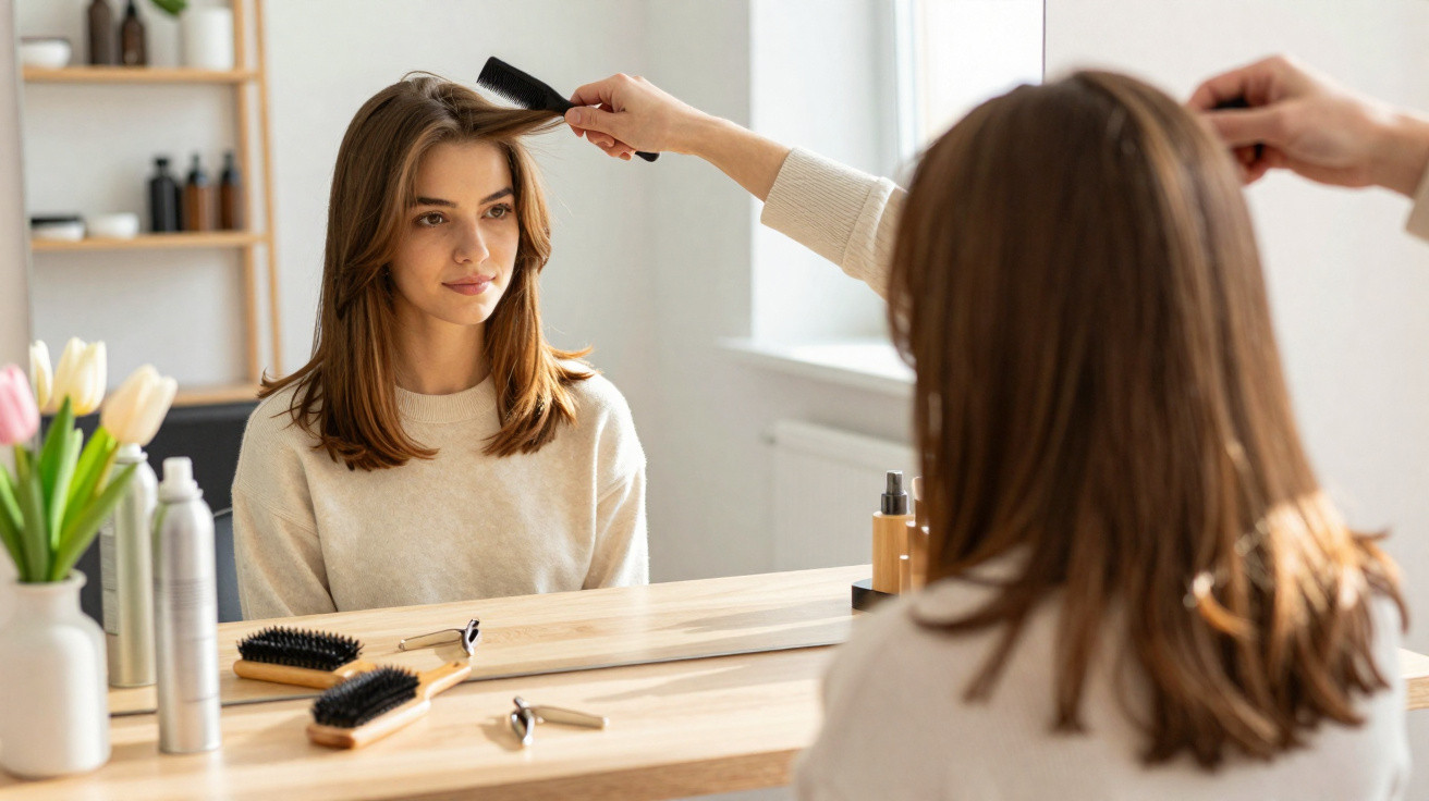 Mulher jovem penteando o cabelo na frente do espelho em ambiente claro e organizado.