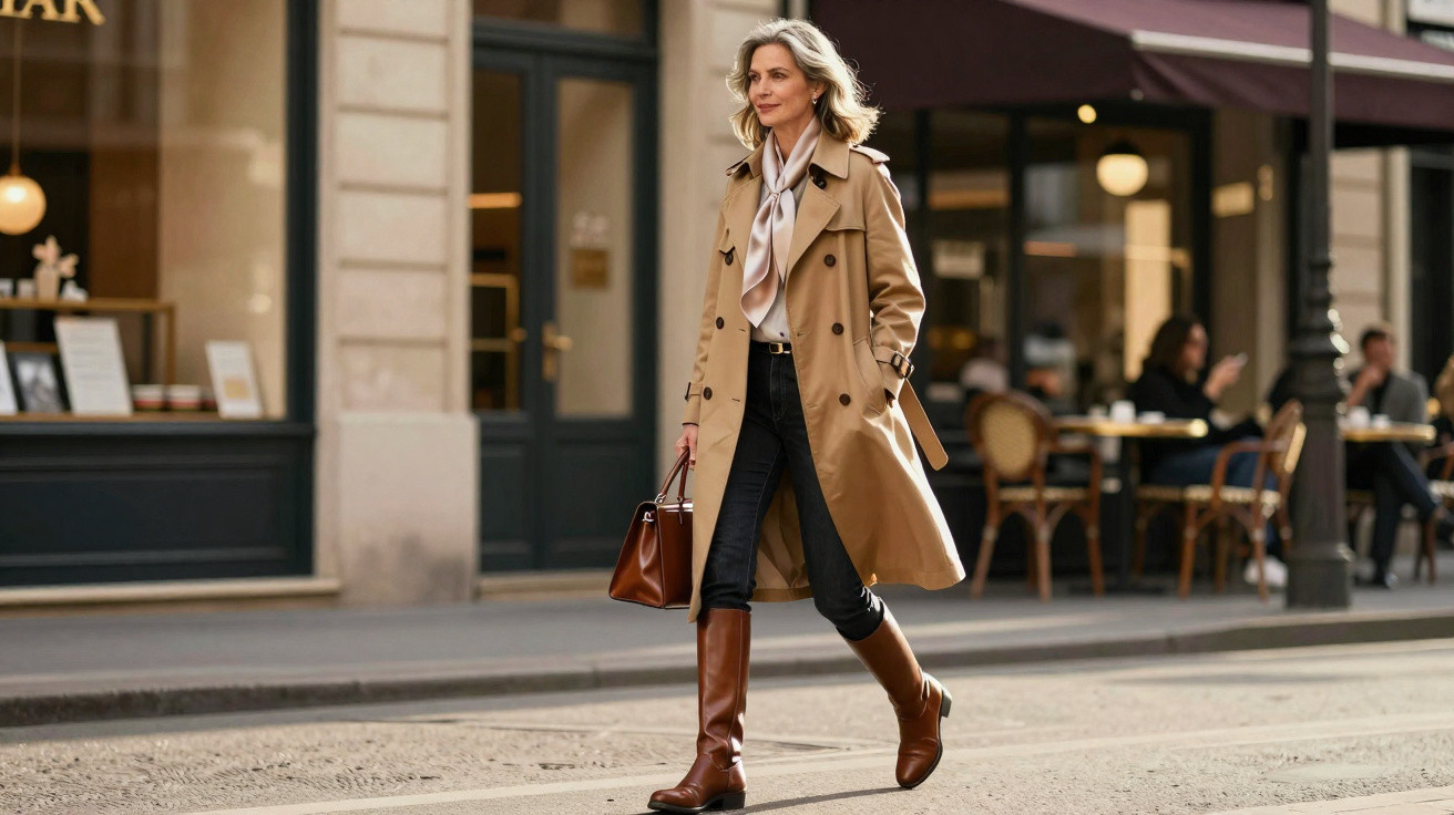Mulher elegante com casaco bege, cachecol, calça preta e botas marrons caminhando na rua em área urbana.