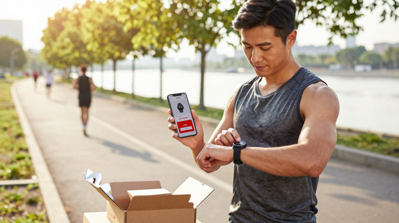 Homem usando regata preta ajusta relógio esportivo após receber instruções no celular em parque urbano.
